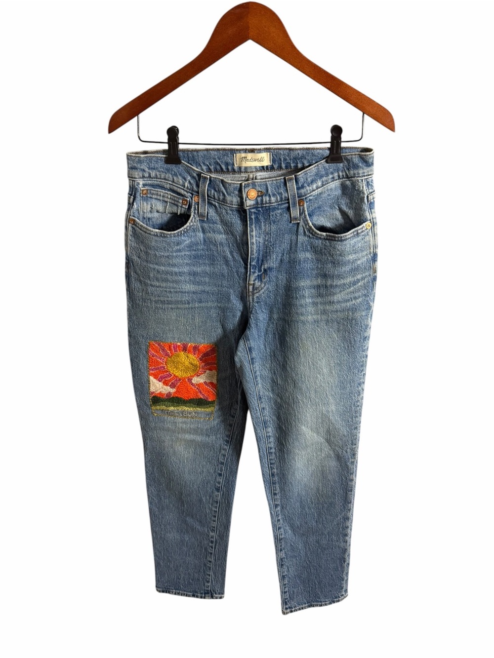 Madewell Slim Boy Jean Light Blue Embroidered Colorful Floral Patch 27”